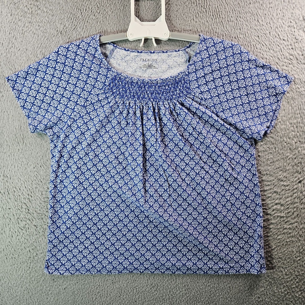 Talbots Tee Top Women Medium Short Sleeve‎ Stretch Geometric Print White Blue